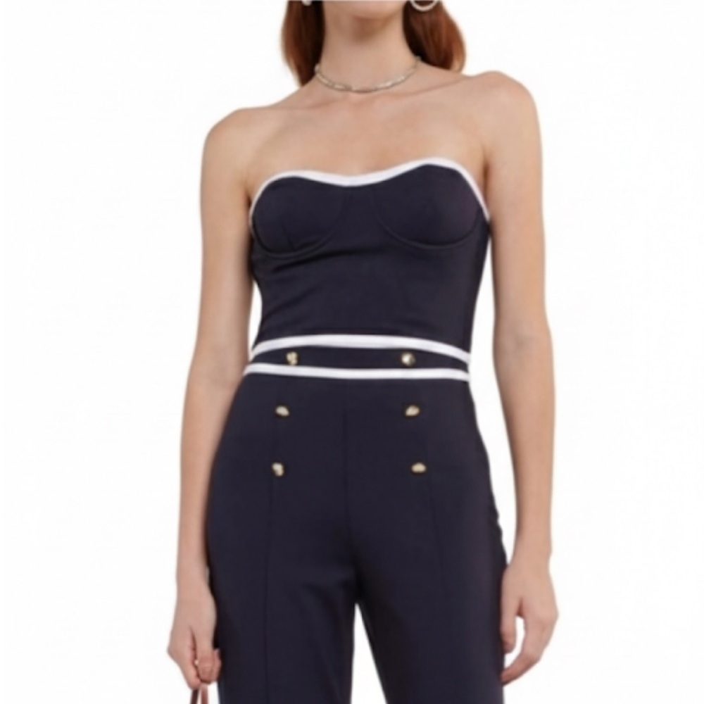 STAUD “Elaine” Strapless Cropped Bandeau Top Navy/White Medium New Without Tags!